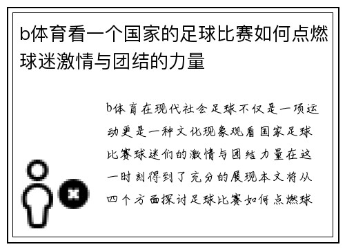 b体育看一个国家的足球比赛如何点燃球迷激情与团结的力量